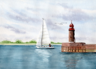 Postkarte DIN-A5  Aquarell Kunst Druck Kunstdruck Bremerhaven Leuchtturm Nordmole Mole - BHV3